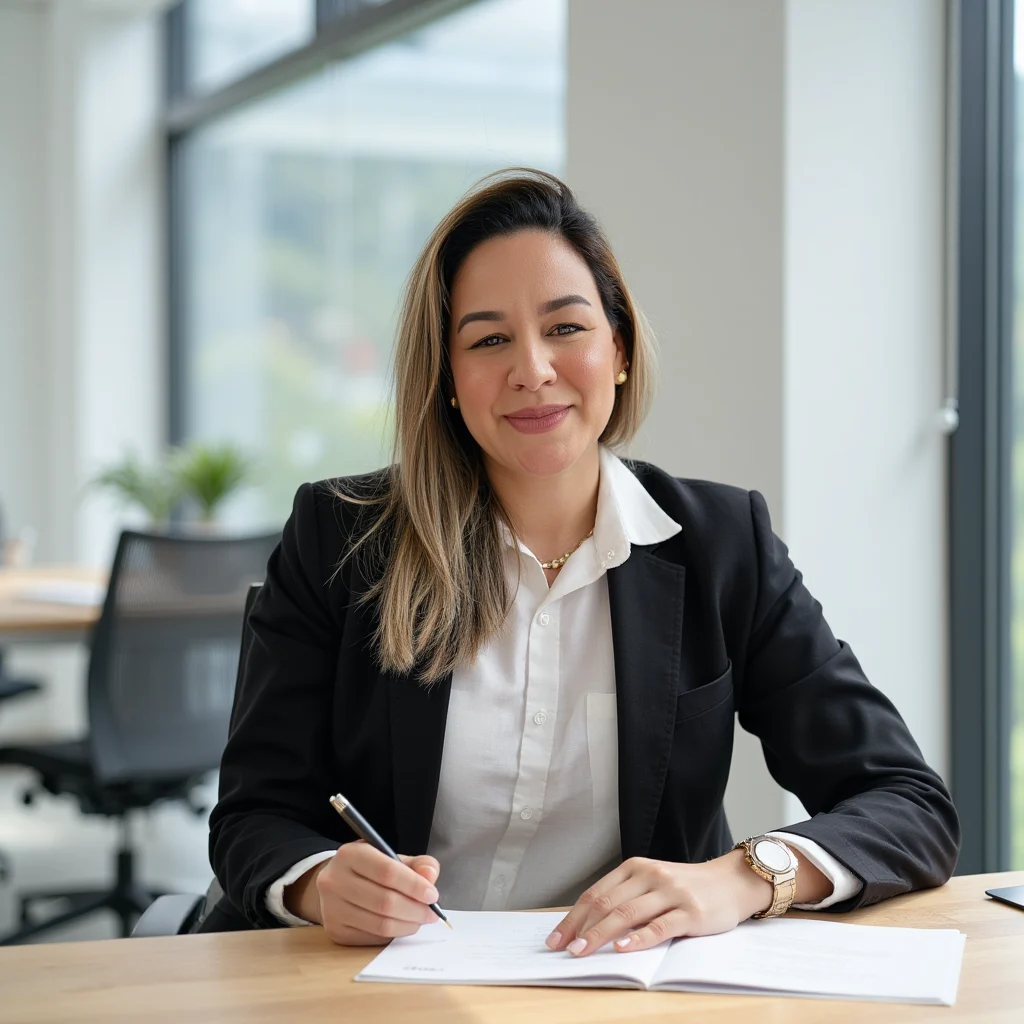 Lcda. Mercedes Diaz en su escritorio con documentos contables